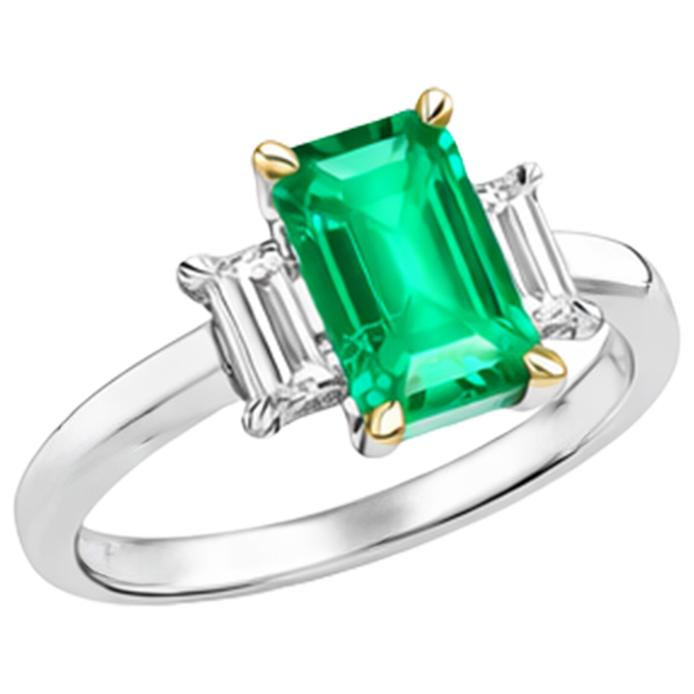 Natural Real ( Not Lab Grown ) Green Emerald GIA 3 Stone Ring With Diamonds Prong Settings