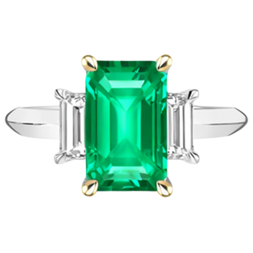 Natural Real ( Not Lab Grown ) Green Emerald GIA 3 Stone Ring With Diamonds Prong Settings