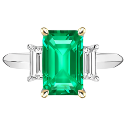Natural Real ( Not Lab Grown ) Green Emerald GIA 3 Stone Ring With Diamonds Prong Settings
