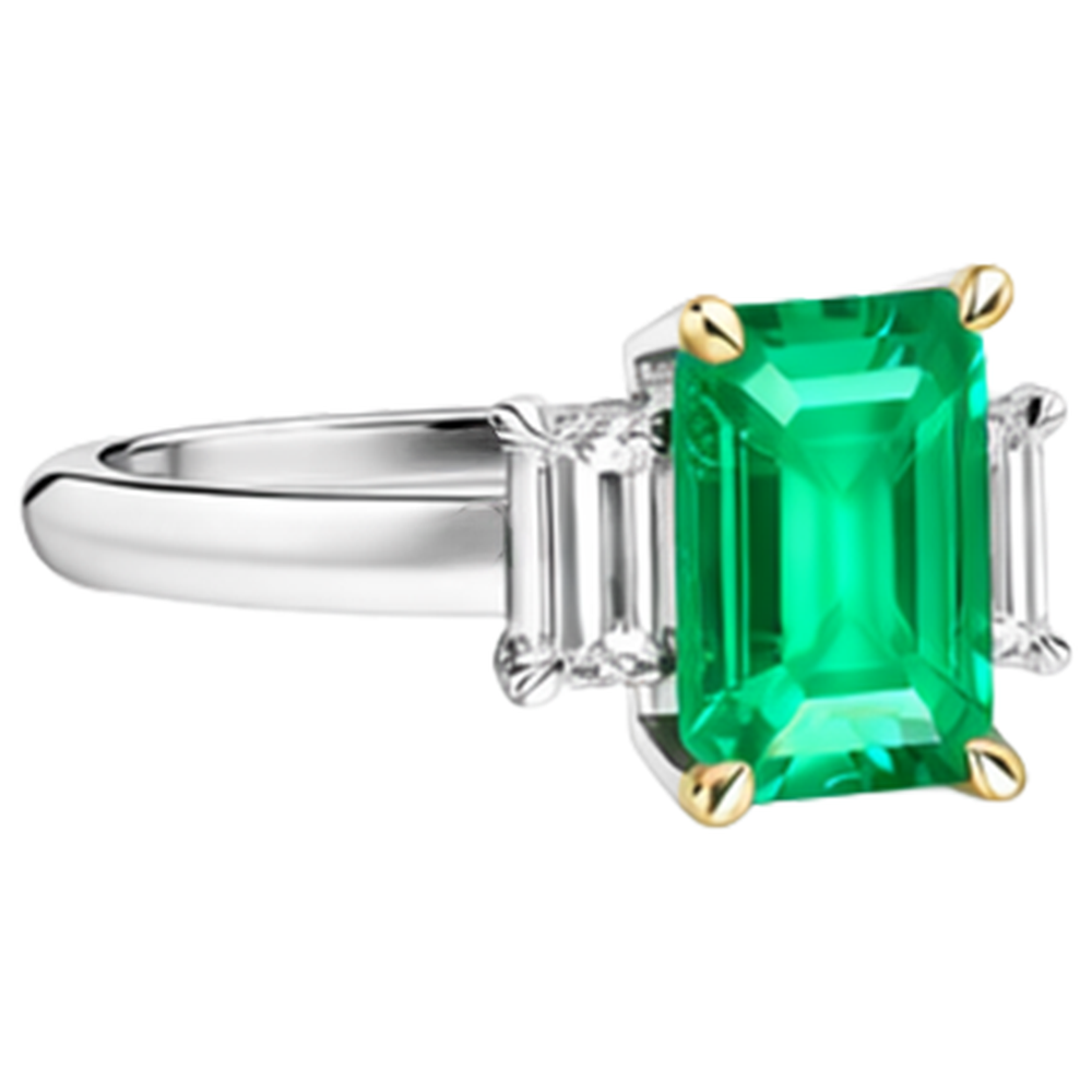 Natural Real ( Not Lab Grown ) Green Emerald GIA 3 Stone Ring With Diamonds Prong Settings