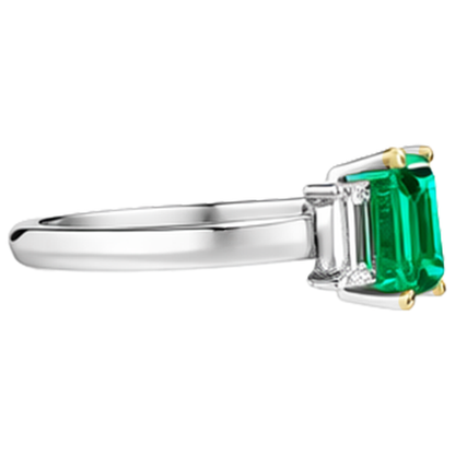 Natural Real ( Not Lab Grown ) Green Emerald GIA 3 Stone Ring With Diamonds Prong Settings