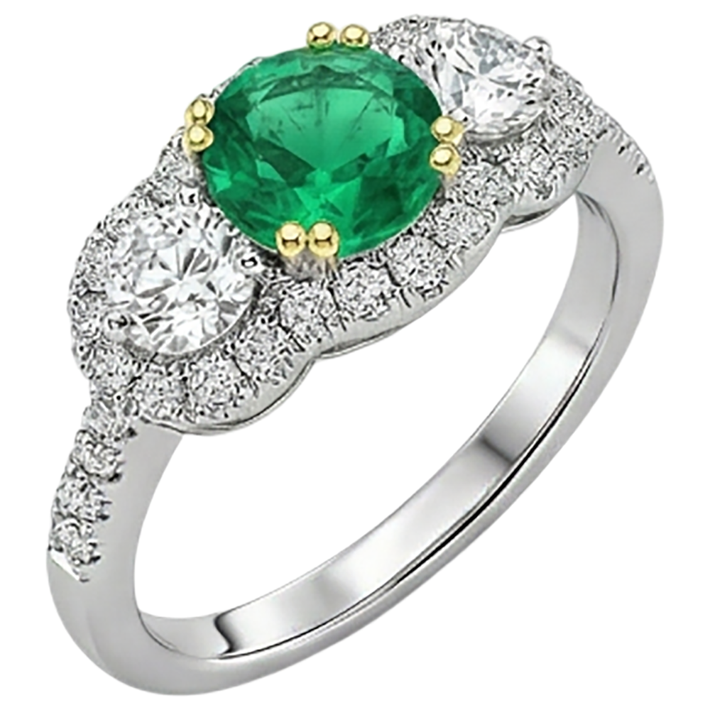 Natural Real ( Not Lab Grown ) Green Emerald GIA And Diamond Ladies Ring Double Prong Set