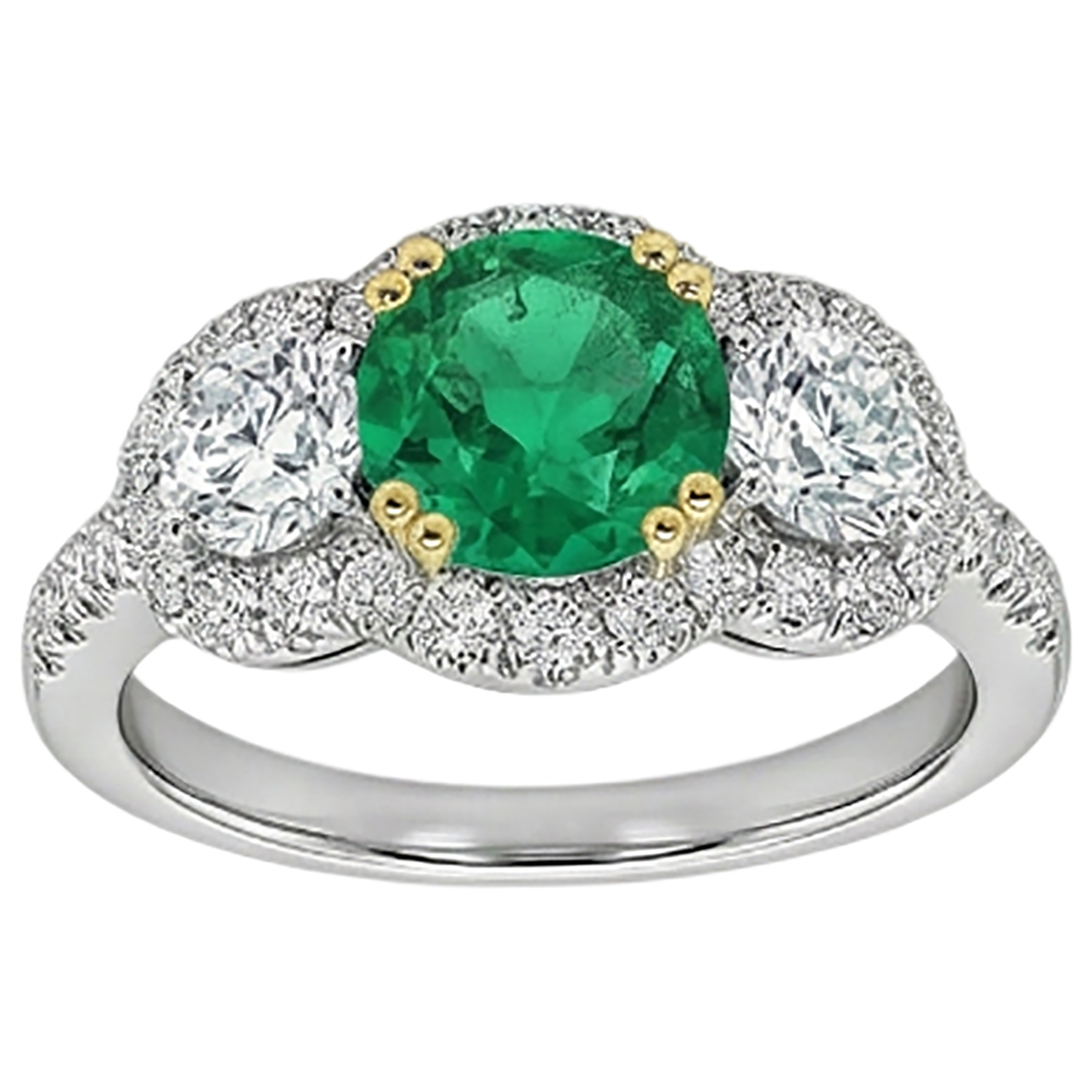 Natural Real ( Not Lab Grown ) Green Emerald GIA And Diamond Ladies Ring Double Prong Set