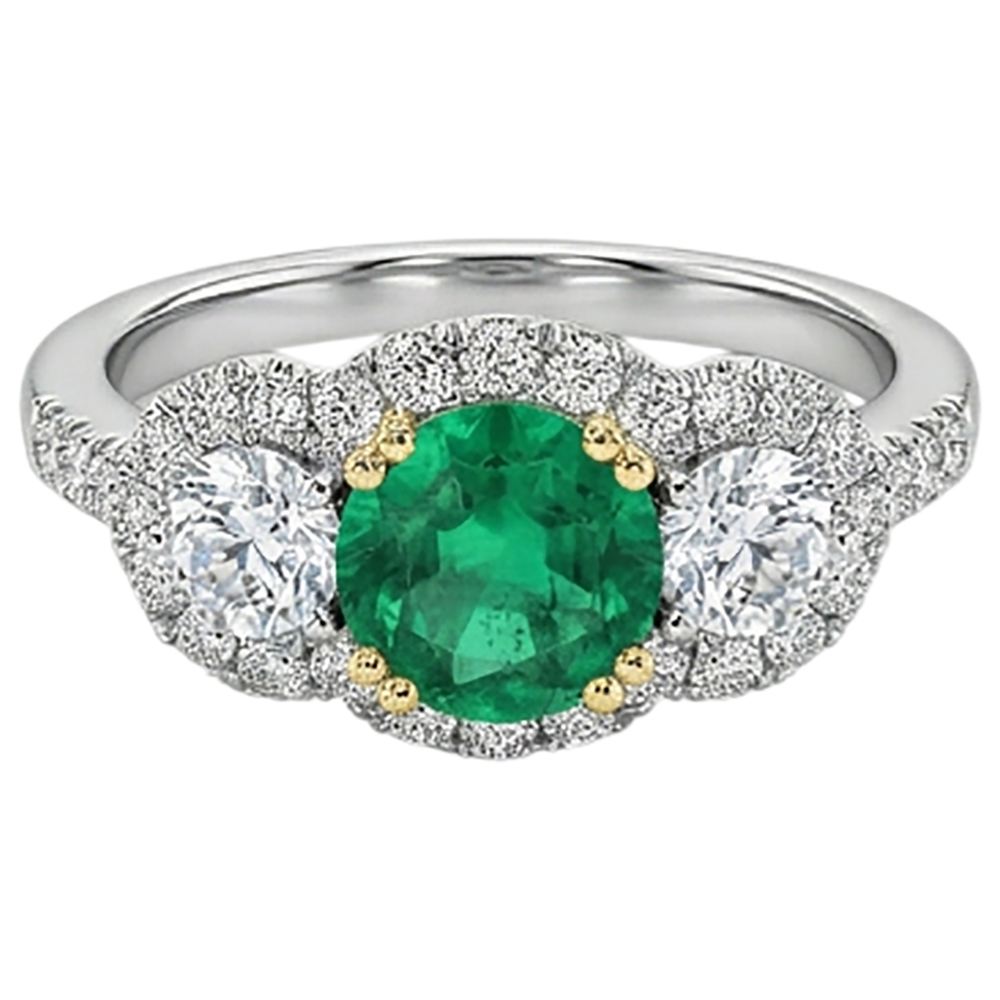 Natural Real ( Not Lab Grown ) Green Emerald GIA And Diamond Ladies Ring Double Prong Set