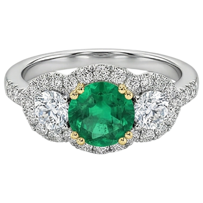 Natural Real ( Not Lab Grown ) Green Emerald GIA And Diamond Ladies Ring Double Prong Set