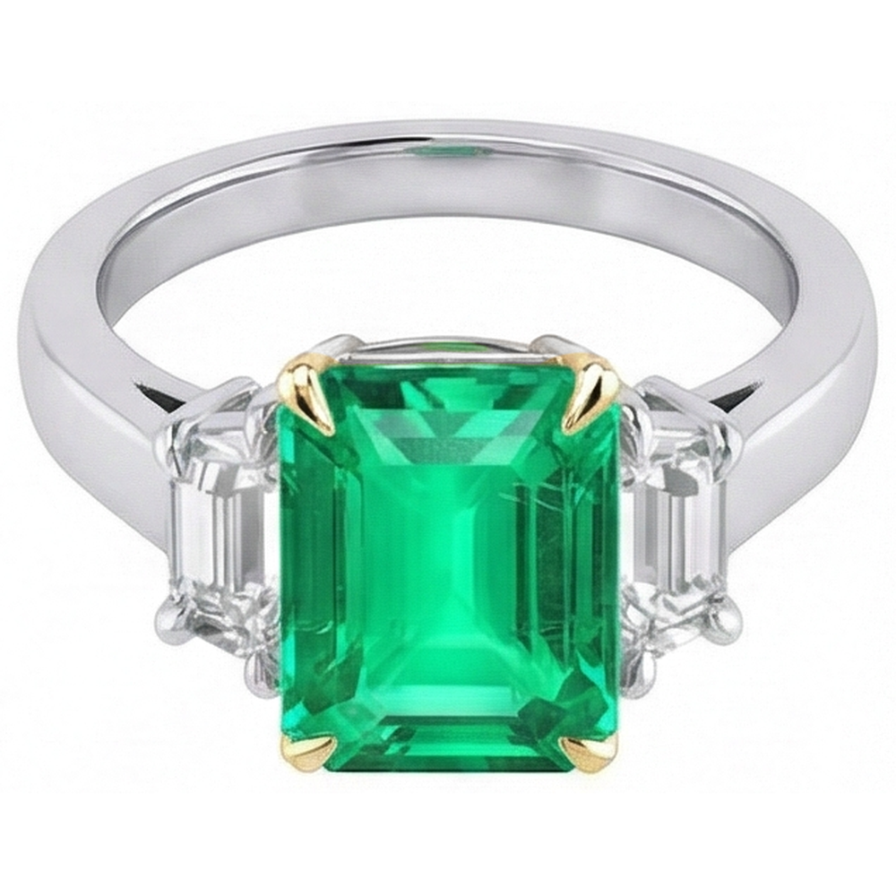 Natural Real ( Not Lab Grown ) Green Emerald GIA And Diamond Ring 3 Stone Jewelry