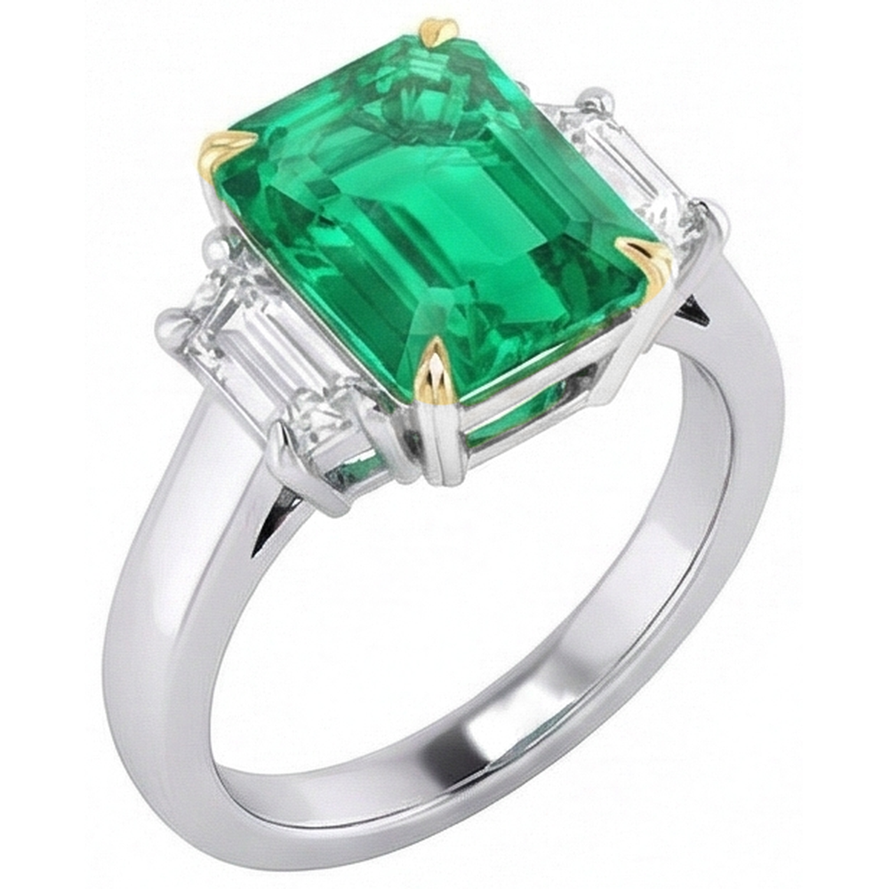 Natural Real ( Not Lab Grown ) Green Emerald GIA And Diamond Ring 3 Stone Jewelry
