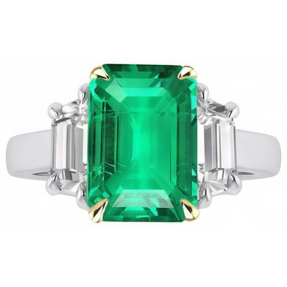 Natural Real ( Not Lab Grown ) Green Emerald GIA And Diamond Ring 3 Stone Jewelry