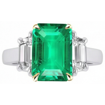 Natural Real ( Not Lab Grown ) Green Emerald GIA And Diamond Ring 3 Stone Jewelry