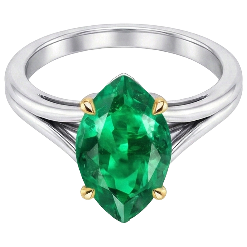 Natural Real ( Not Lab Grown ) Green Emerald GIA Birthstone Ring Marquise Shape Split Shank