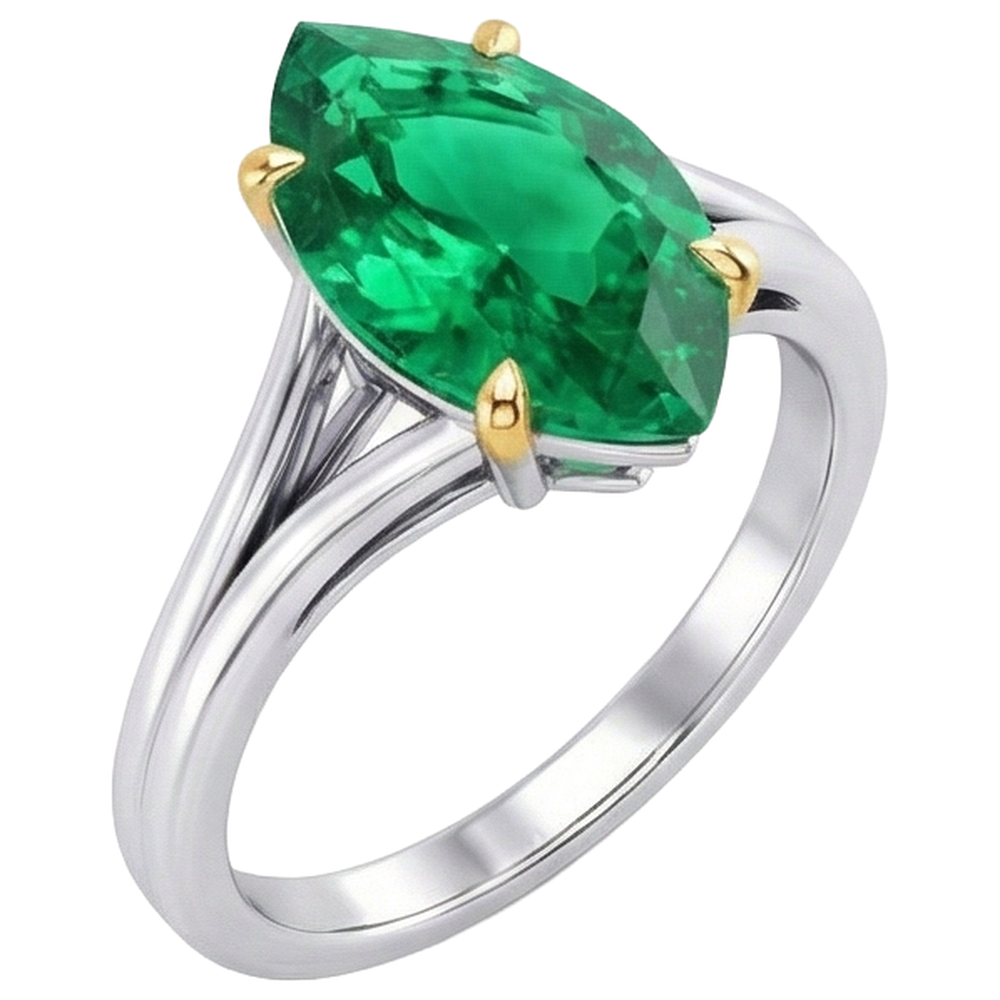 Natural Real ( Not Lab Grown ) Green Emerald GIA Birthstone Ring Marquise Shape Split Shank