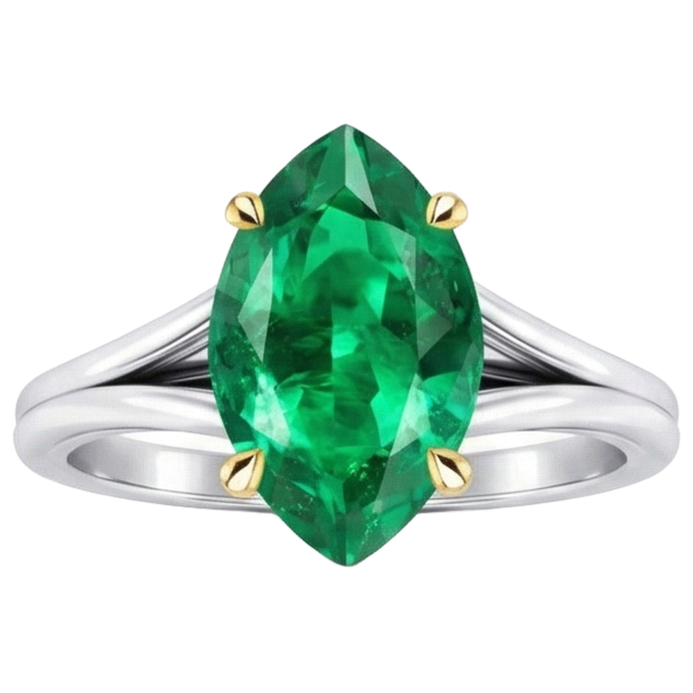 Natural Real ( Not Lab Grown ) Green Emerald GIA Birthstone Ring Marquise Shape Split Shank