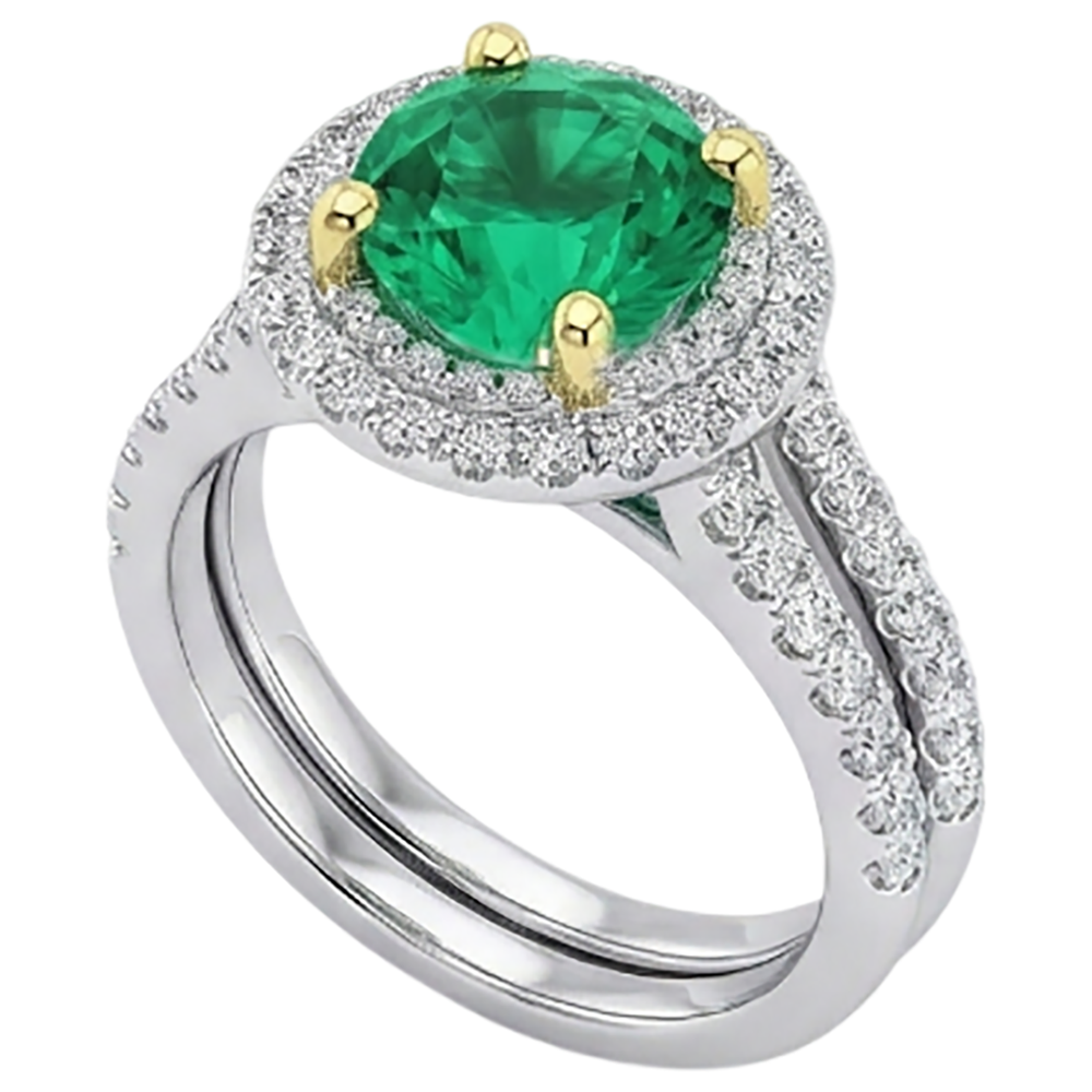 Natural Real ( Not Lab Grown ) Green Emerald GIA Bridal Ring Set Round Cut Gemstone And Diamonds