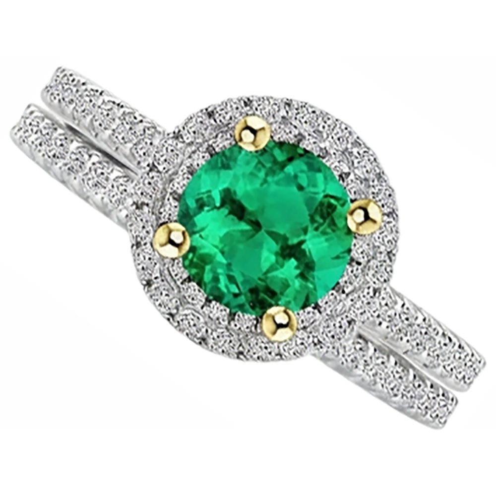 Natural Real ( Not Lab Grown ) Green Emerald GIA Bridal Ring Set Round Cut Gemstone And Diamonds