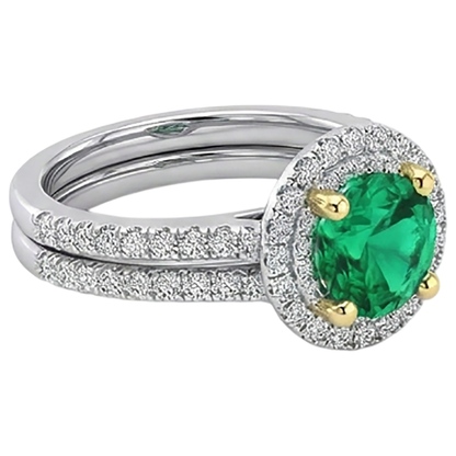 Natural Real ( Not Lab Grown ) Green Emerald GIA Bridal Ring Set Round Cut Gemstone And Diamonds