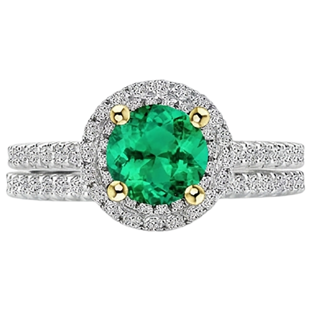 Natural Real ( Not Lab Grown ) Green Emerald GIA Bridal Ring Set Round Cut Gemstone And Diamonds