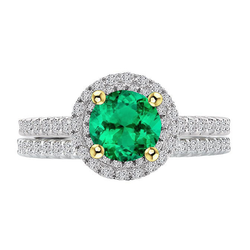 Green Emerald Bridal Ring Set Round Cut Gemstone And Diamonds