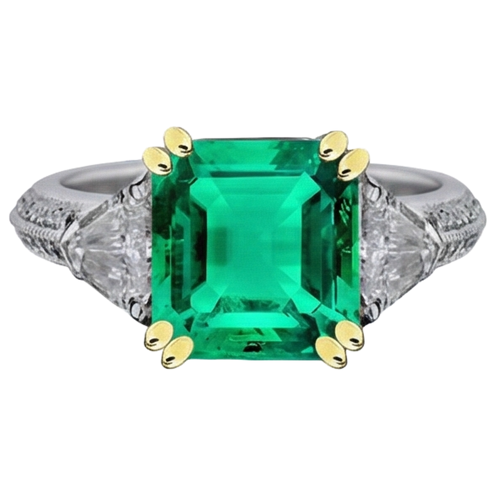 Natural Real ( Not Lab Grown ) Green Emerald GIA Diamond Anniversary Ring Milgrain 14K Gold