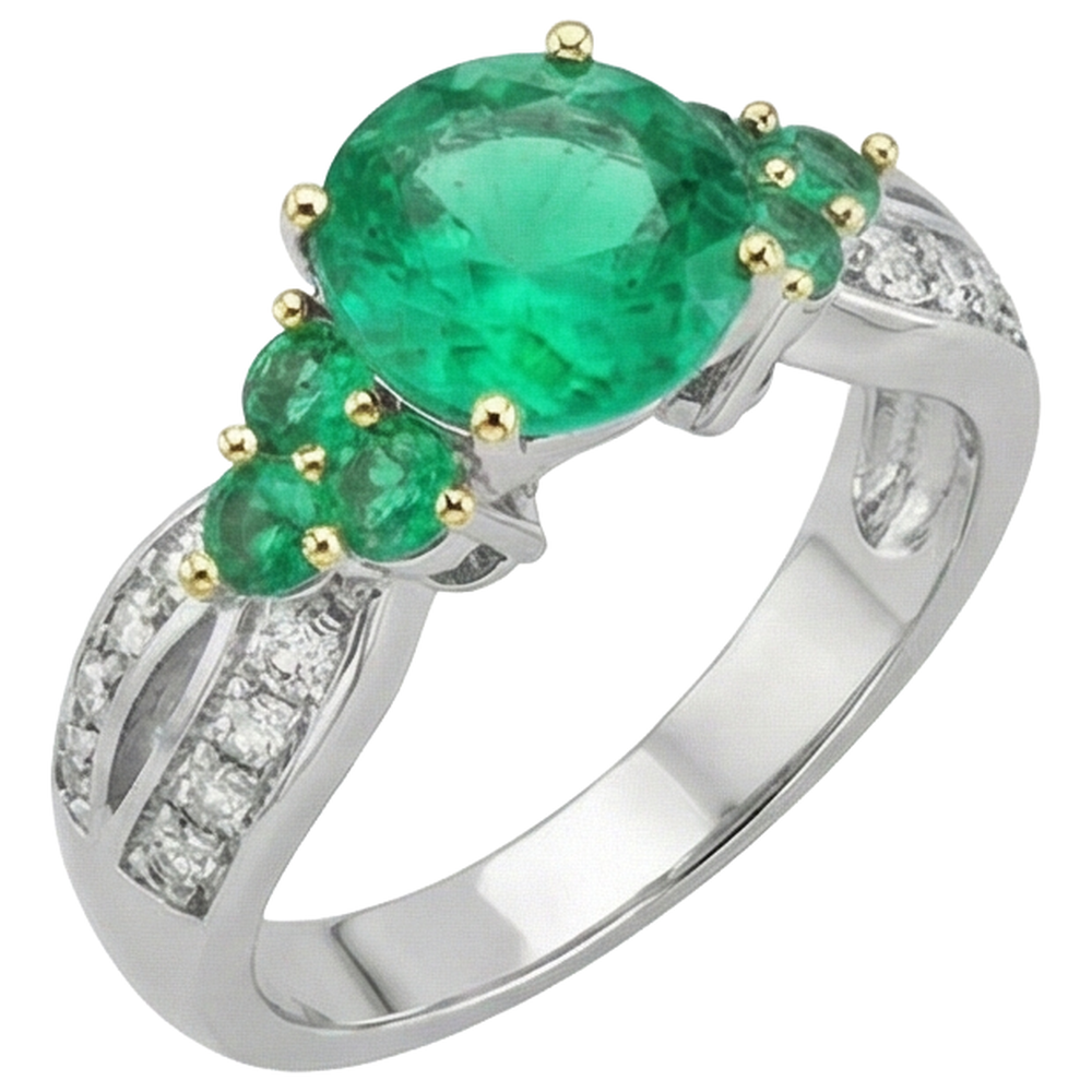 Natural Real ( Not Lab Grown ) Green Emerald GIA Diamond Ring Round Cut Gemstones