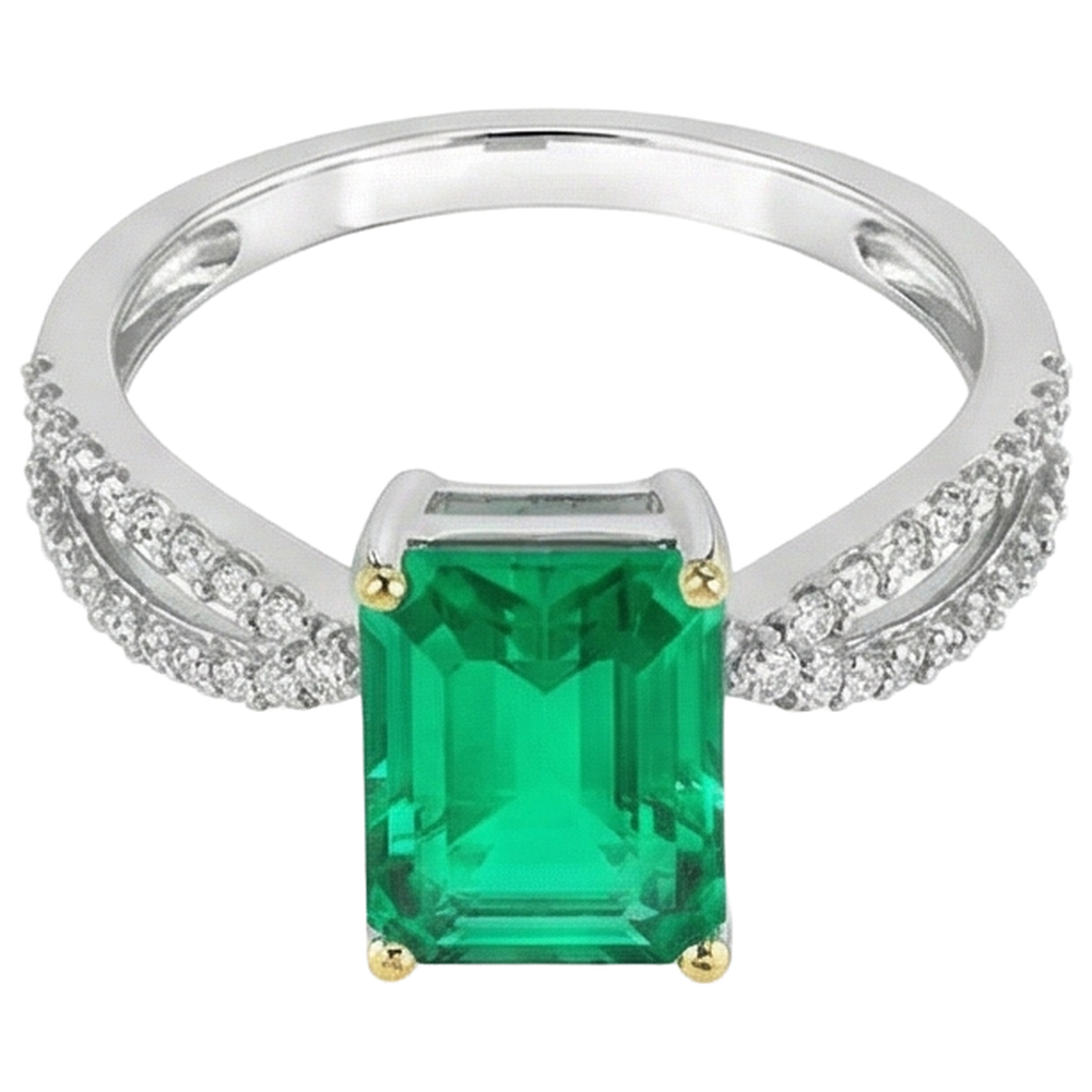 Natural Real ( Not Lab Grown ) Green Emerald GIA Diamond Ring Split Shank Prongs
