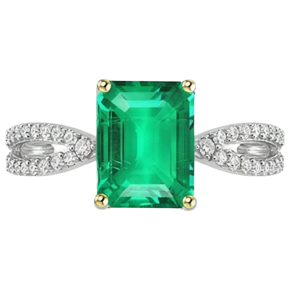 Natural Real ( Not Lab Grown ) Green Emerald GIA Diamond Ring Split Shank Prongs