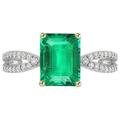 Natural Real ( Not Lab Grown ) Green Emerald GIA Diamond Ring Split Shank Prongs