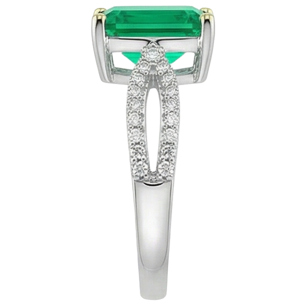 Natural Real ( Not Lab Grown ) Green Emerald GIA Diamond Ring Split Shank Prongs