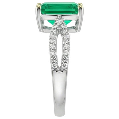 Natural Real ( Not Lab Grown ) Green Emerald GIA Diamond Ring Split Shank Prongs