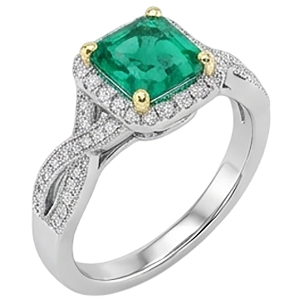 Natural Real ( Not Lab Grown ) Green Emerald GIA Engagement Ring Twisted Shank Milgrain Style