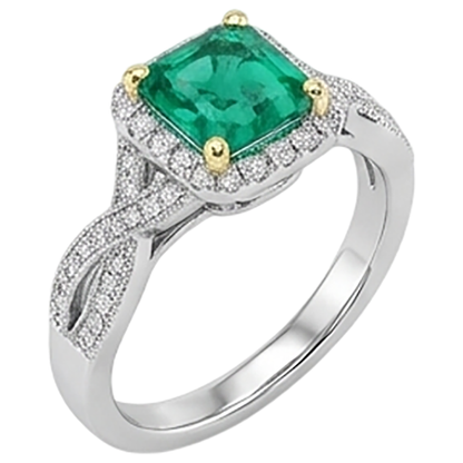 Natural Real ( Not Lab Grown ) Green Emerald GIA Engagement Ring Twisted Shank Milgrain Style