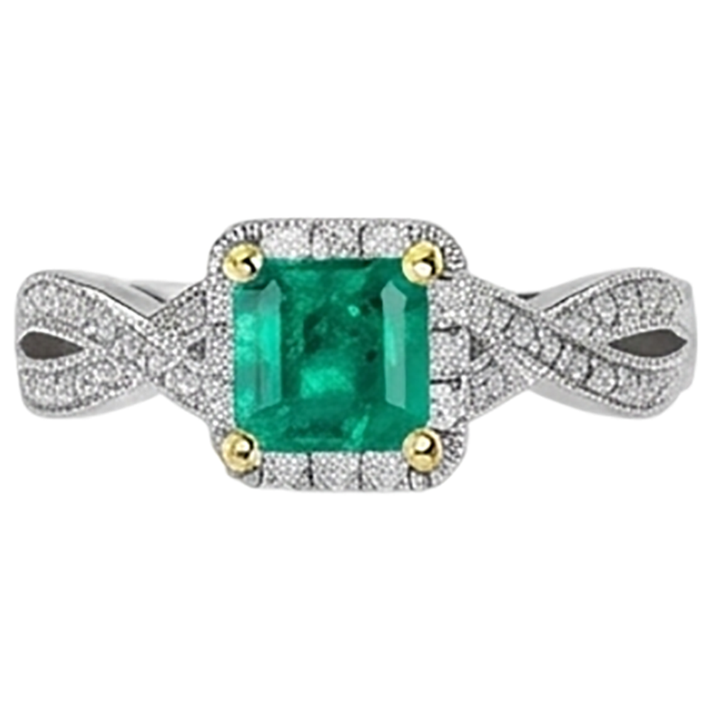 Natural Real ( Not Lab Grown ) Green Emerald GIA Engagement Ring Twisted Shank Milgrain Style