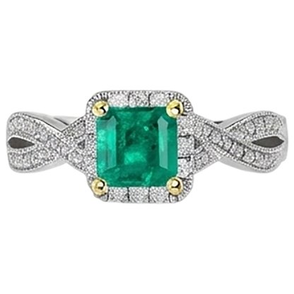 Natural Real ( Not Lab Grown ) Green Emerald GIA Engagement Ring Twisted Shank Milgrain Style