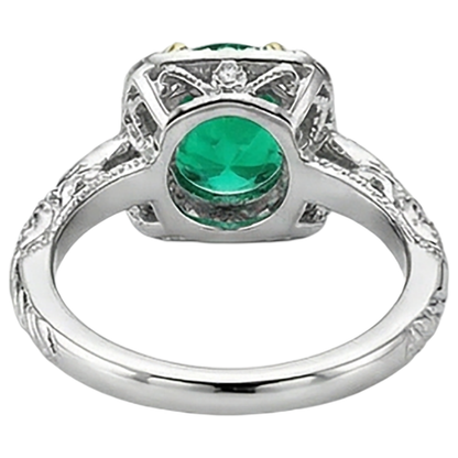 Natural Real ( Not Lab Grown ) Green Emerald GIA Halo Diamond Ring Round Gemstone Antique Look