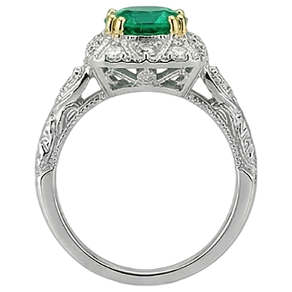 Natural Real ( Not Lab Grown ) Green Emerald GIA Halo Diamond Ring Round Gemstone Antique Look