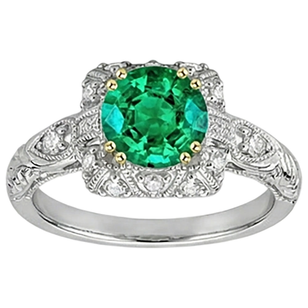 Natural Real ( Not Lab Grown ) Green Emerald GIA Halo Diamond Ring Round Gemstone Antique Look