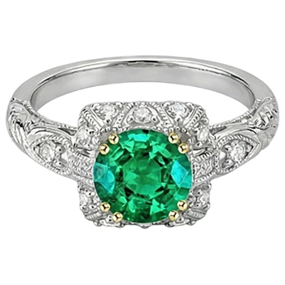 Natural Real ( Not Lab Grown ) Green Emerald GIA Halo Diamond Ring Round Gemstone Antique Look