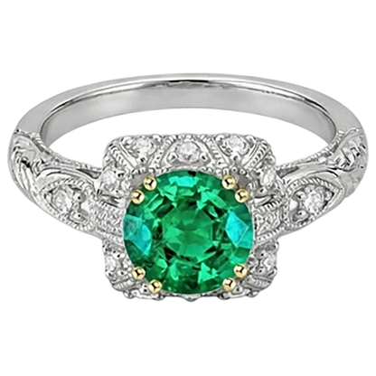 Natural Real ( Not Lab Grown ) Green Emerald GIA Halo Diamond Ring Round Gemstone Antique Look
