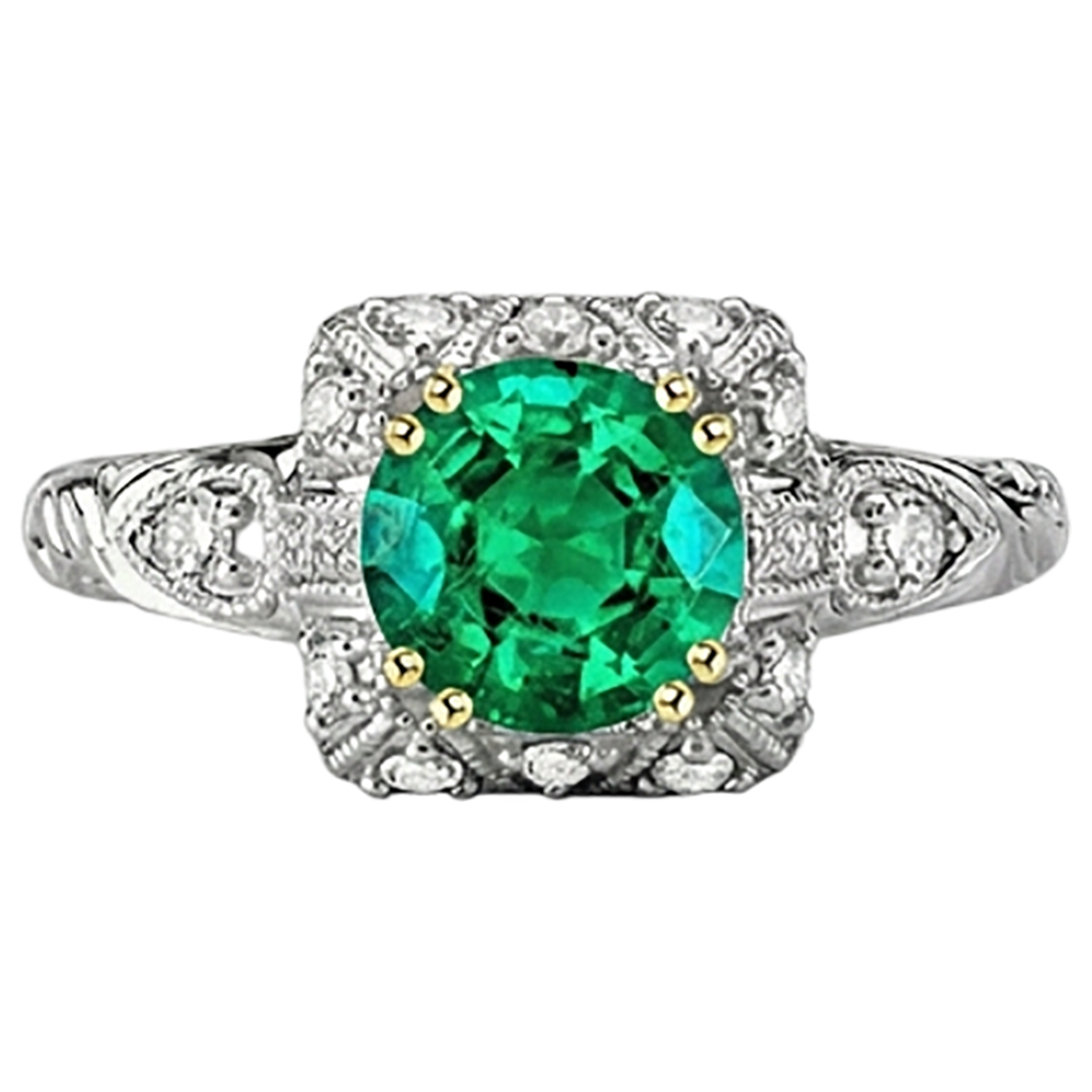 Natural Real ( Not Lab Grown ) Green Emerald GIA Halo Diamond Ring Round Gemstone Antique Look
