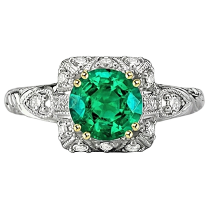 Natural Real ( Not Lab Grown ) Green Emerald GIA Halo Diamond Ring Round Gemstone Antique Look