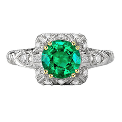 Natural Real ( Not Lab Grown ) Green Emerald GIA Halo Diamond Ring Round Gemstone Antique Look