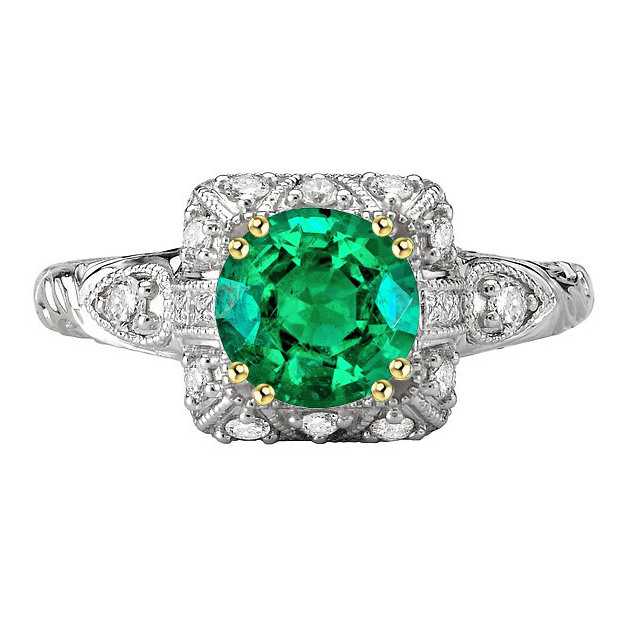 Green Emerald Halo Diamond Ring Round Gemstone Antique Look