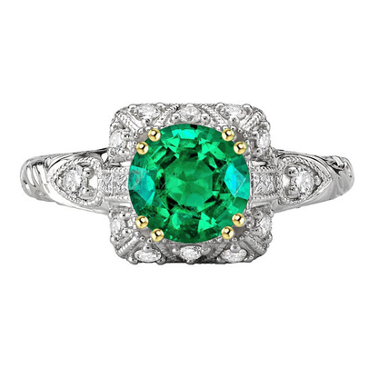 Green Emerald Halo Diamond Ring Round Gemstone Antique Look