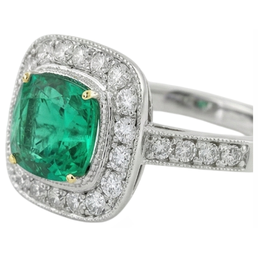 Natural Real ( Not Lab Grown ) Green Emerald GIA Halo Engagement Ring Cushion Cut Gold 14K