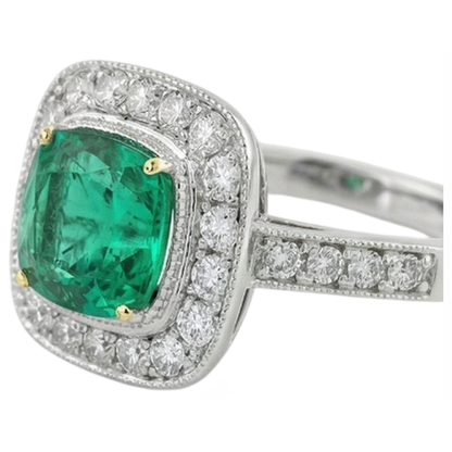 Natural Real ( Not Lab Grown ) Green Emerald GIA Halo Engagement Ring Cushion Cut Gold 14K