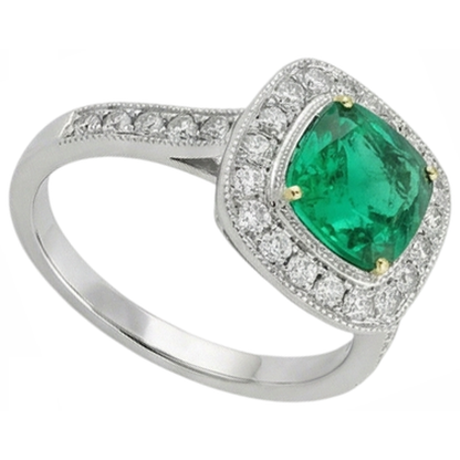 Natural Real ( Not Lab Grown ) Green Emerald GIA Halo Engagement Ring Cushion Cut Gold 14K