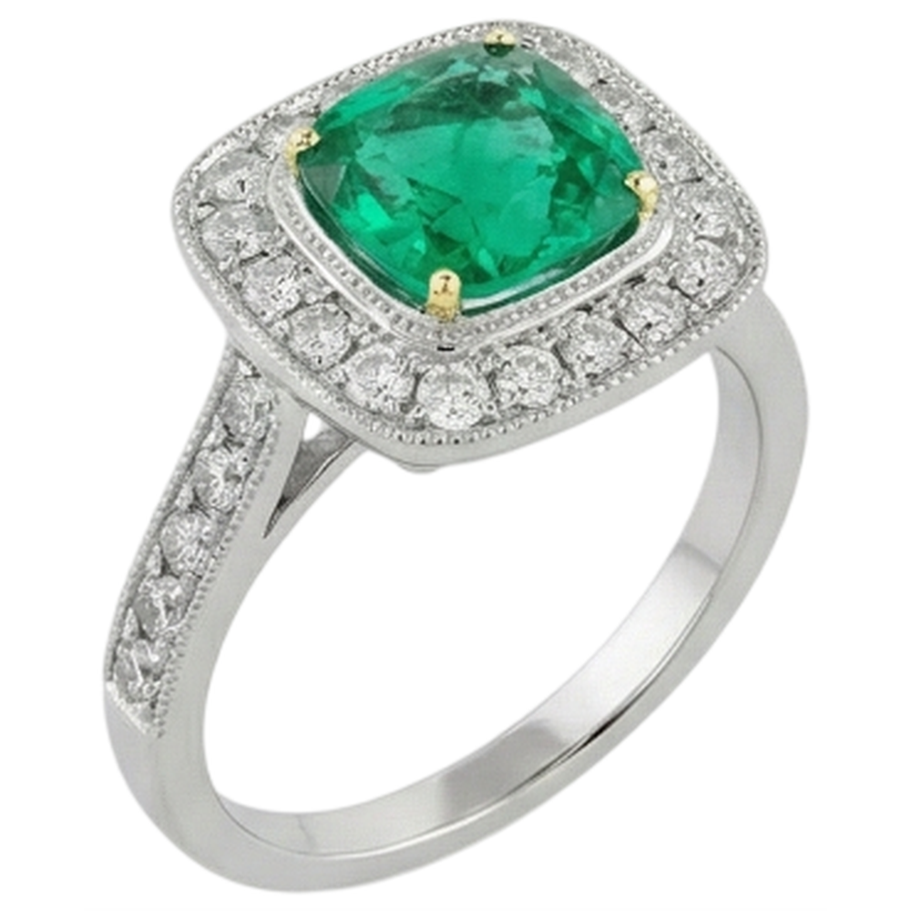 Natural Real ( Not Lab Grown ) Green Emerald GIA Halo Engagement Ring Cushion Cut Gold 14K