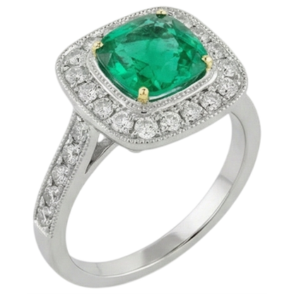 Natural Real ( Not Lab Grown ) Green Emerald GIA Halo Engagement Ring Cushion Cut Gold 14K