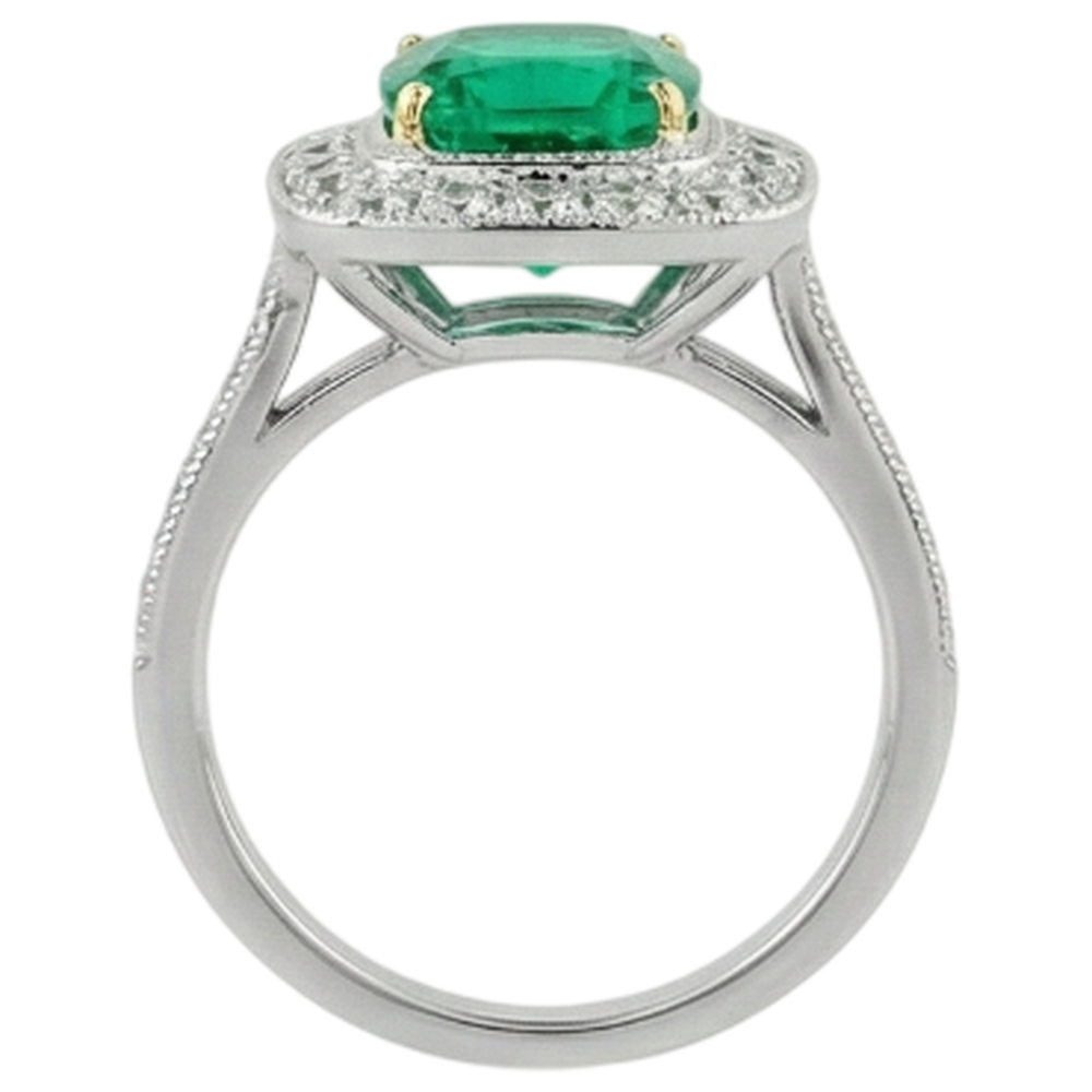 Natural Real ( Not Lab Grown ) Green Emerald GIA Halo Engagement Ring Cushion Cut Gold 14K