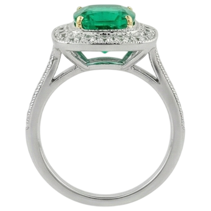 Natural Real ( Not Lab Grown ) Green Emerald GIA Halo Engagement Ring Cushion Cut Gold 14K