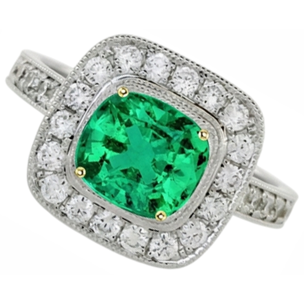 Natural Real ( Not Lab Grown ) Green Emerald GIA Halo Engagement Ring Cushion Cut Gold 14K